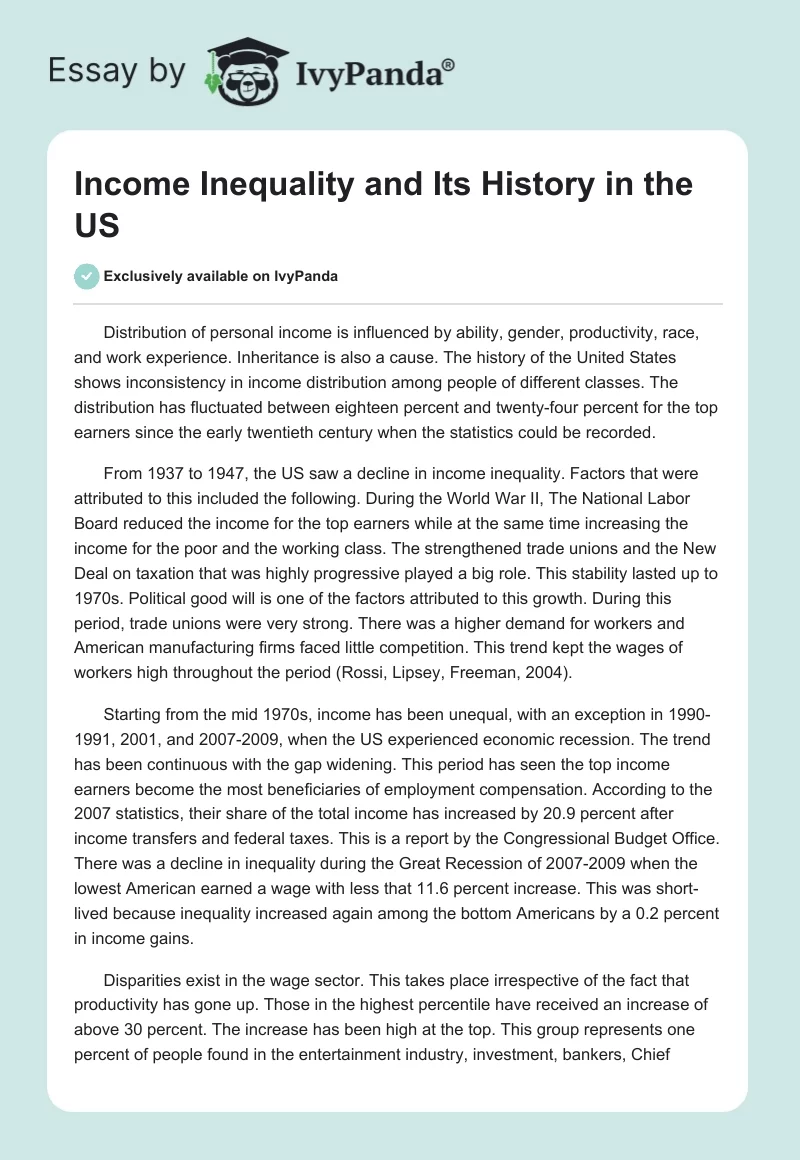 Income Inequality and Its History in the US. Page 1