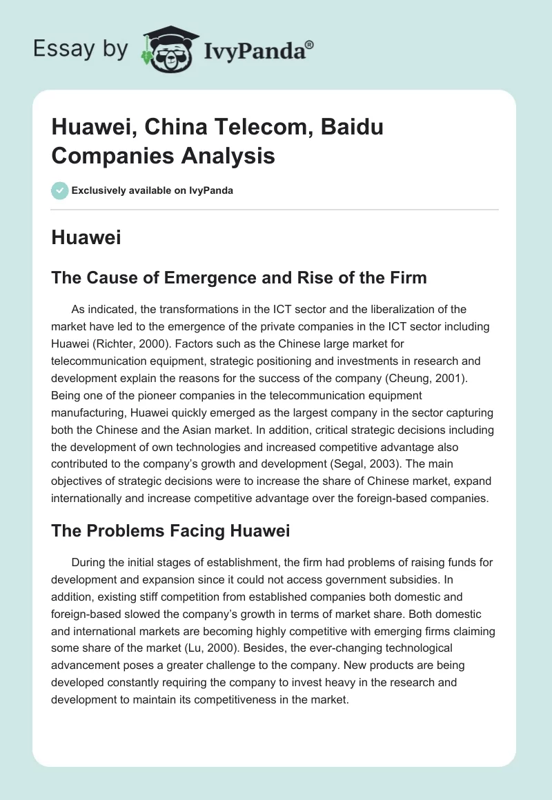 Huawei, China Telecom, Baidu Companies Analysis. Page 1