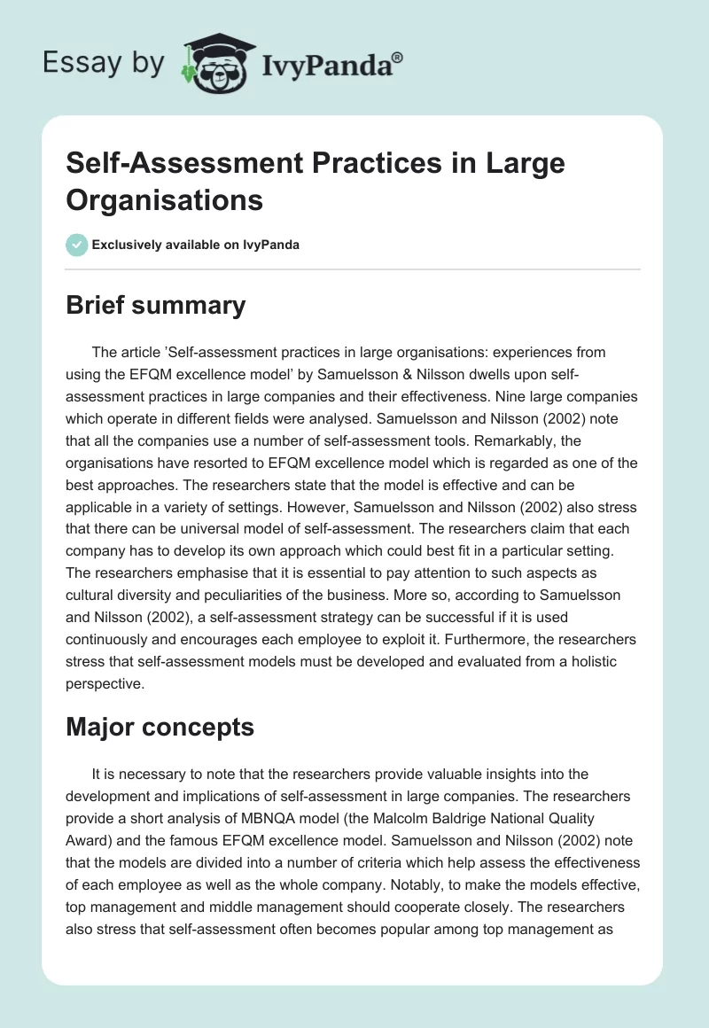Self-Assessment Practices in Large Organisations. Page 1