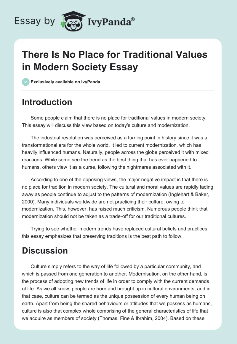 There Is No Place for Traditional Values in Modern Society Essay. Page 1
