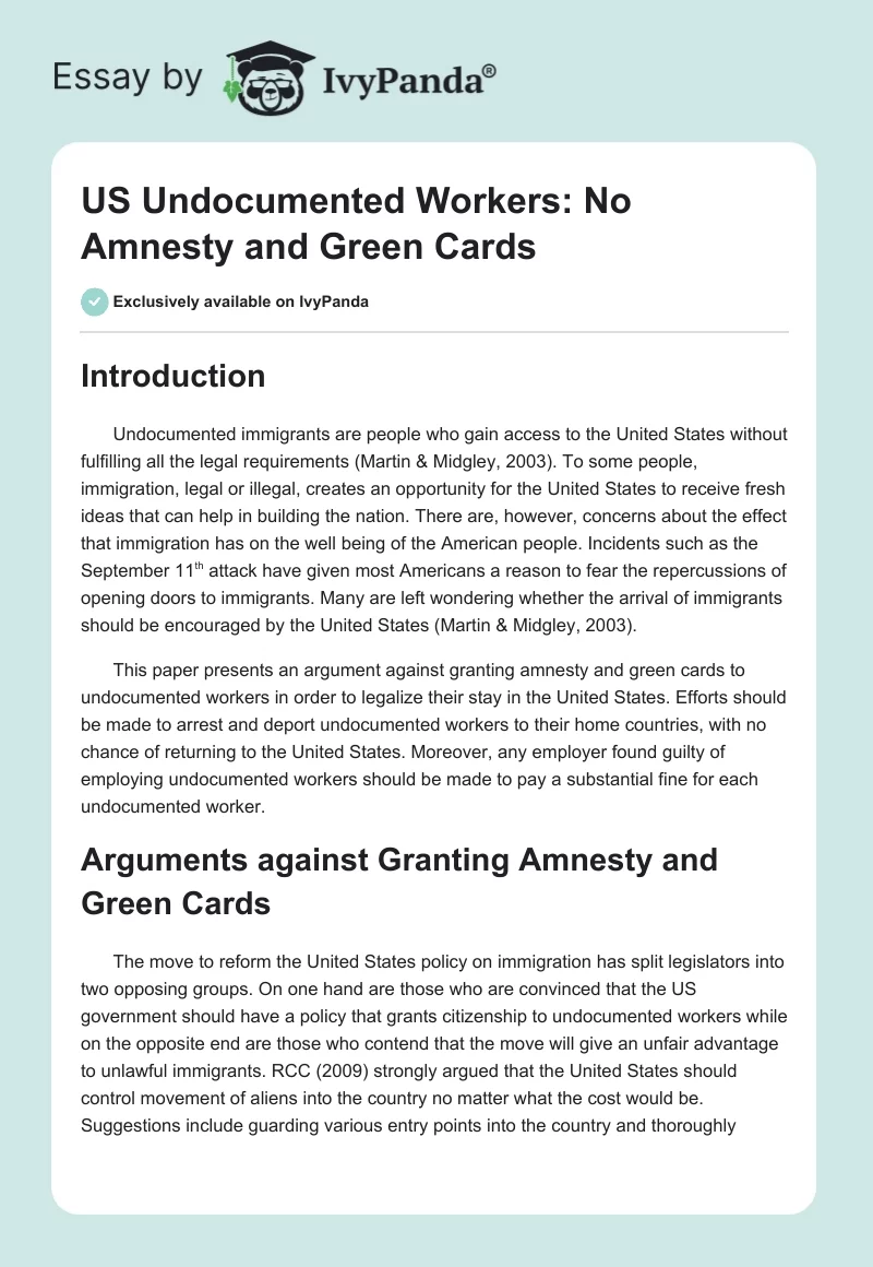 US Undocumented Workers: No Amnesty and Green Cards. Page 1