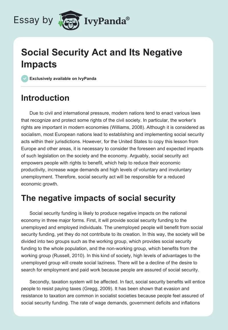 Social Security Act and Its Negative Impacts. Page 1
