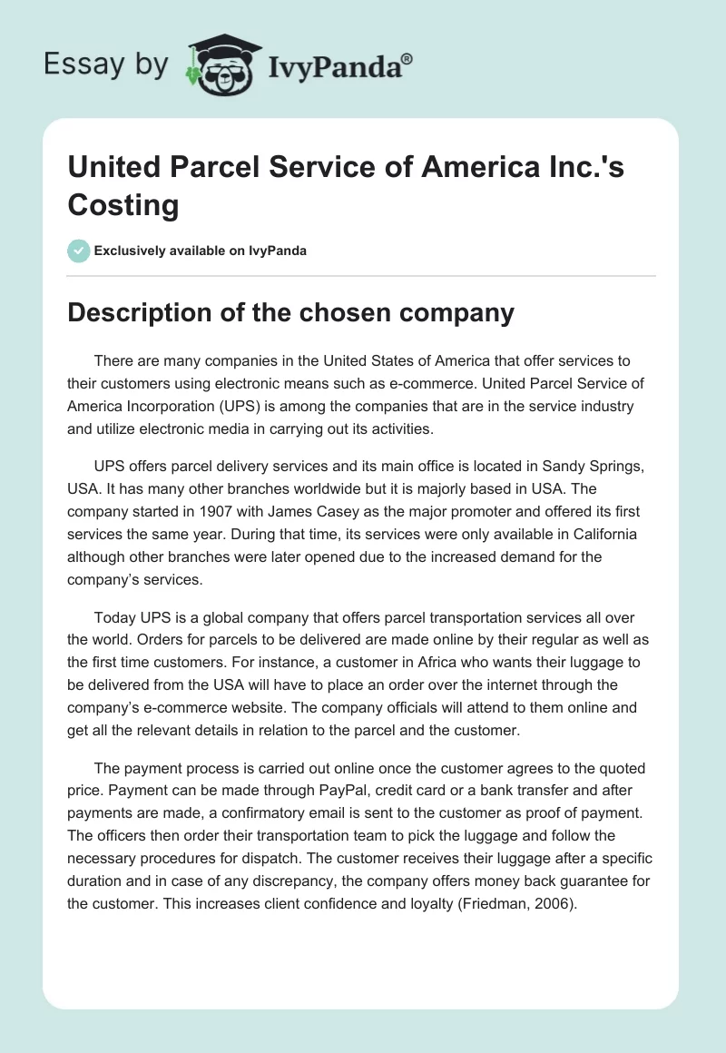 United Parcel Service of America Inc.'s Costing. Page 1