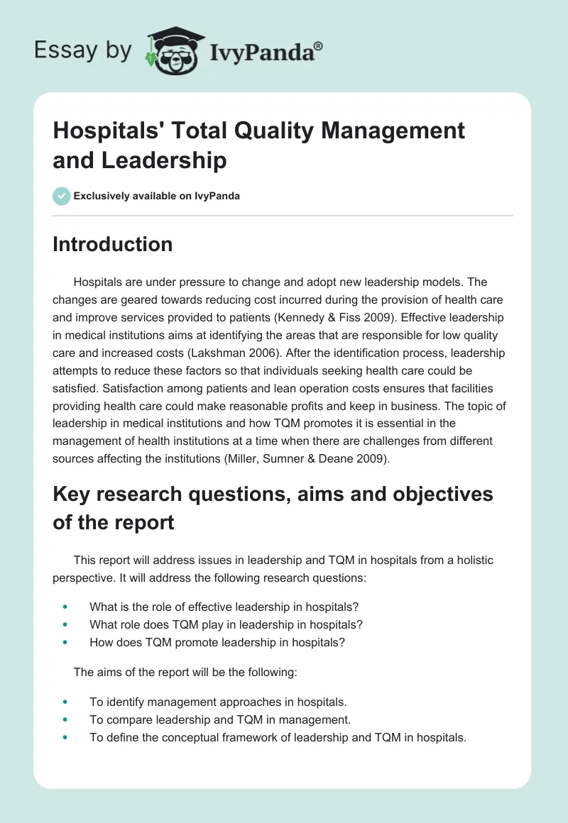 Hospitals' Total Quality Management and Leadership. Page 1