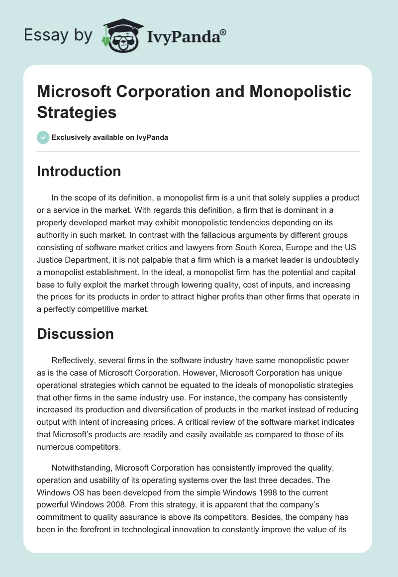 Microsoft Corporation and Monopolistic Strategies. Page 1
