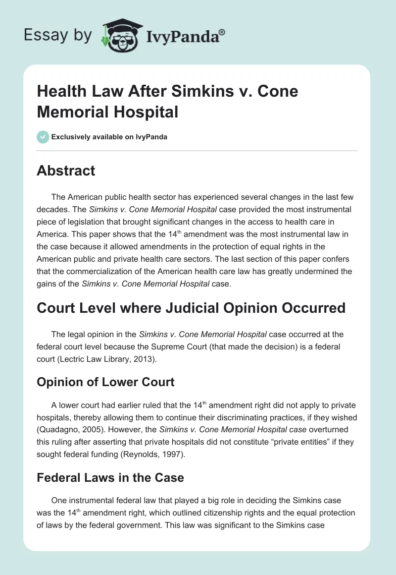 Health Law After Simkins vs. Cone Memorial Hospital. Page 1