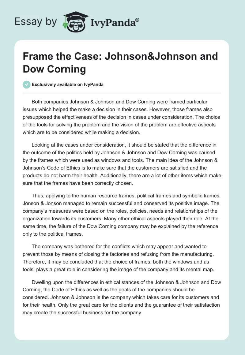 Frame the Case: Johnson&Johnson and Dow Corning. Page 1