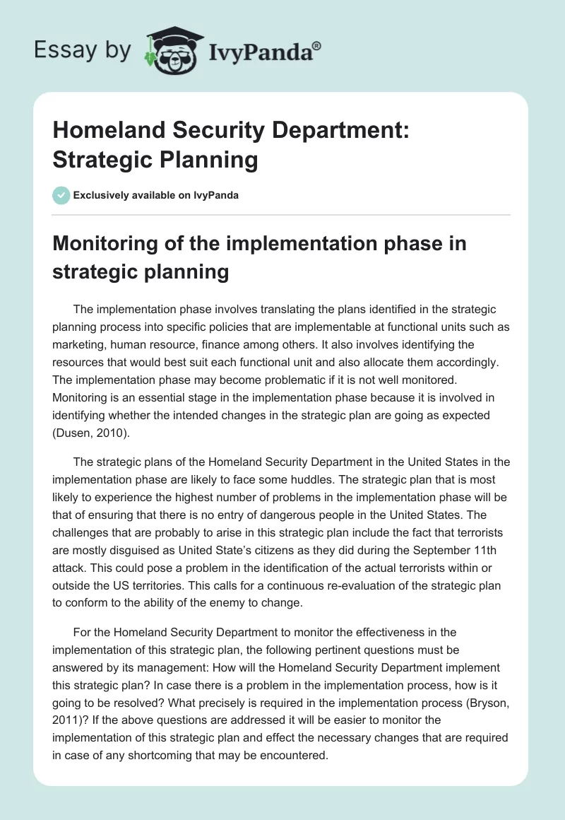Homeland Security Department: Strategic Planning. Page 1