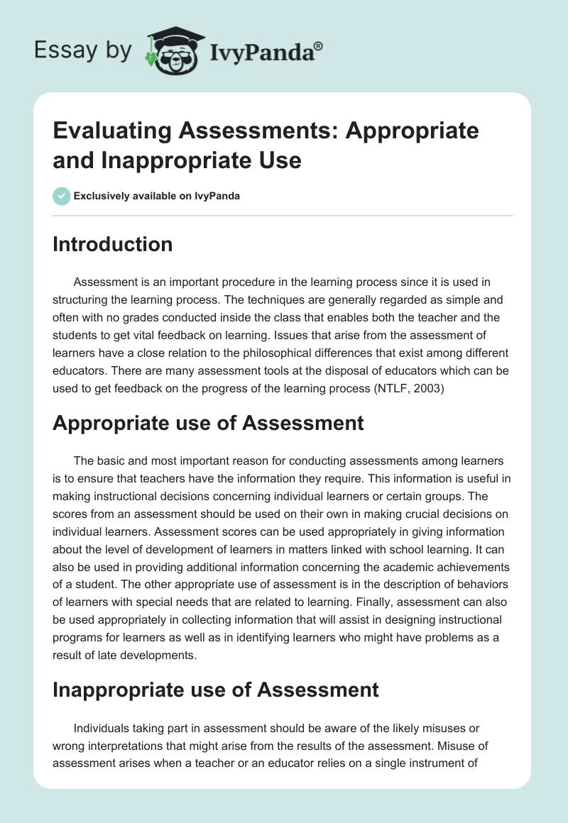 Evaluating Assessments: Appropriate and Inappropriate Use. Page 1