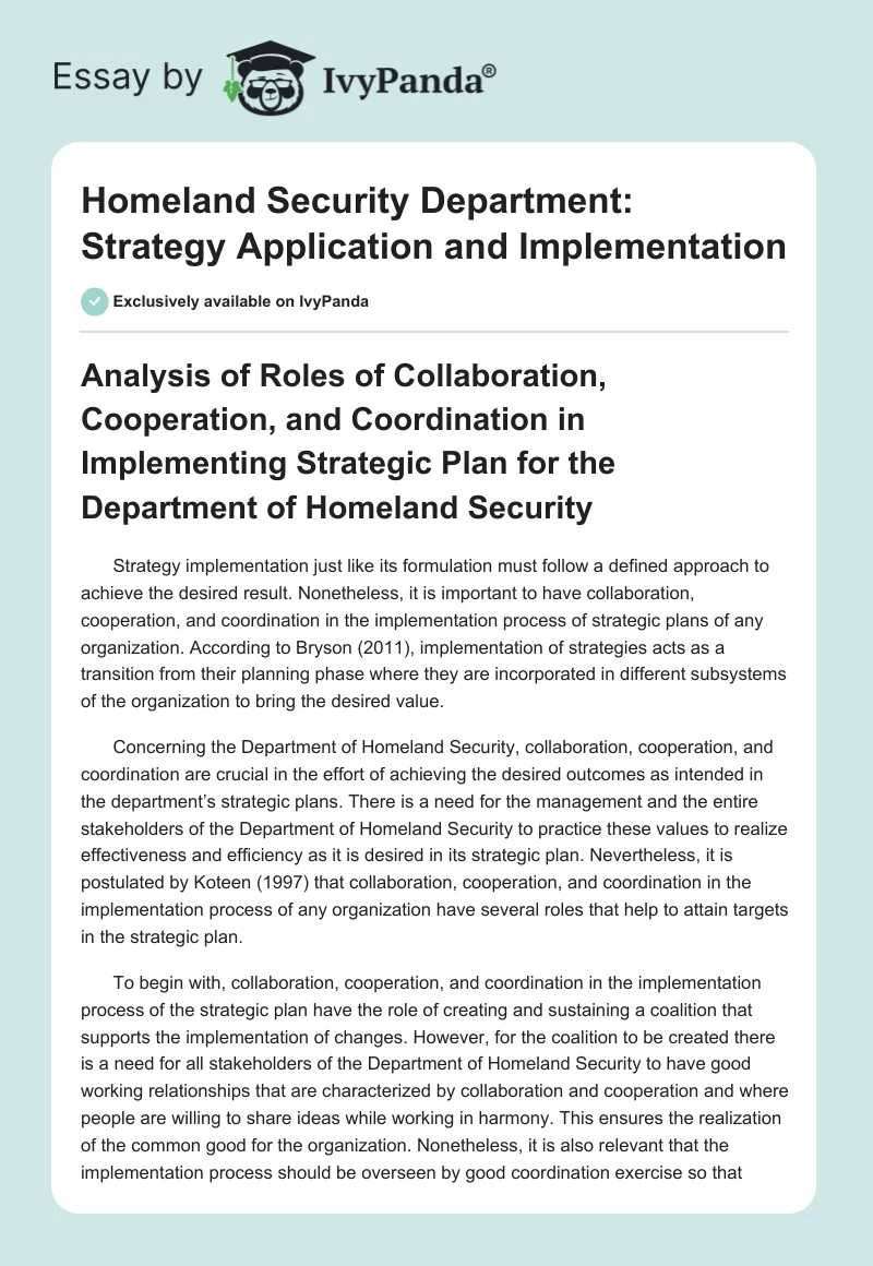 Homeland Security Department: Strategy Application and Implementation. Page 1