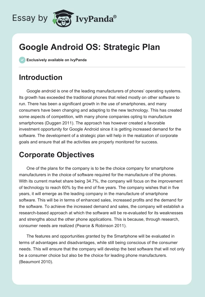 Google Android OS: Strategic Plan. Page 1