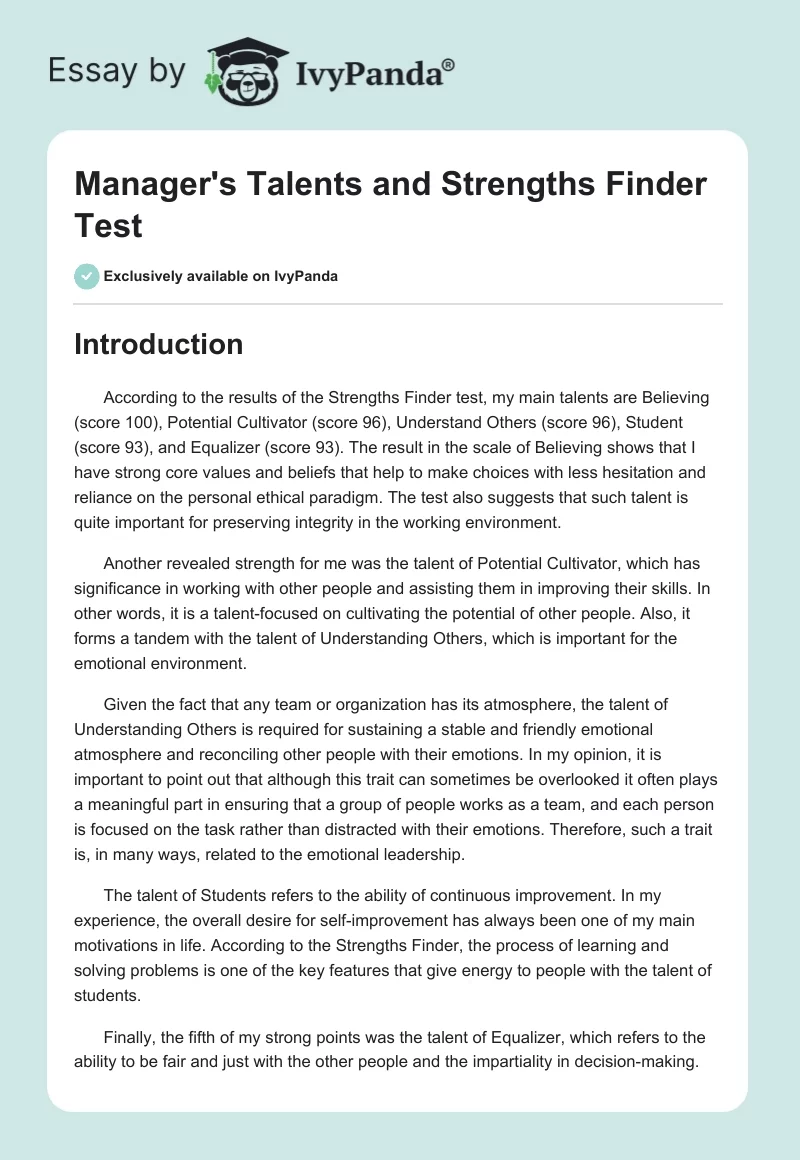 Manager's Talents and Strengths Finder Test. Page 1