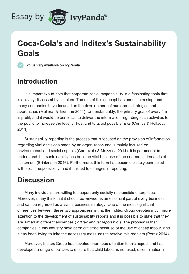 Coca-Cola's and Inditex's Sustainability Goals. Page 1