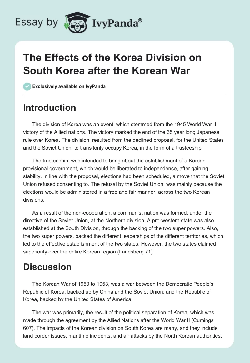 The Effects of the Korea Division on South Korea After the Korean War. Page 1