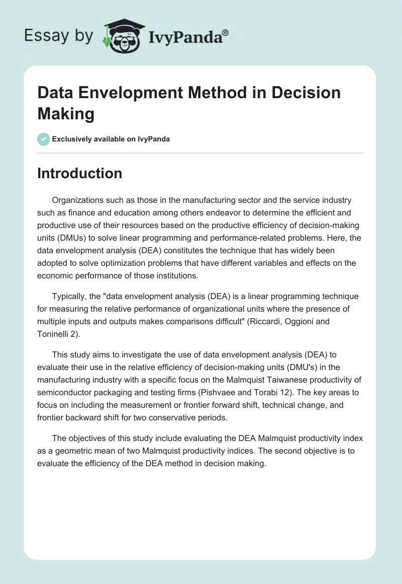 Data Envelopment Method in Decision Making. Page 1