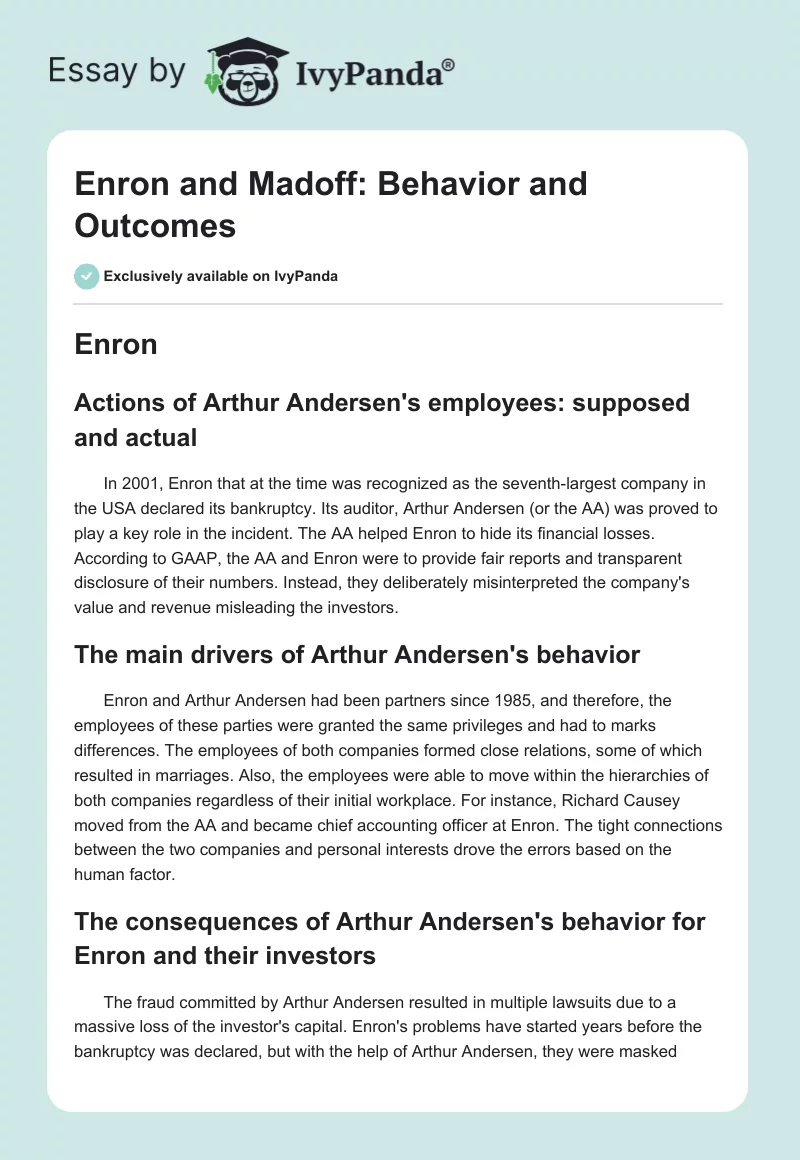 Enron and Madoff: Behavior and Outcomes. Page 1