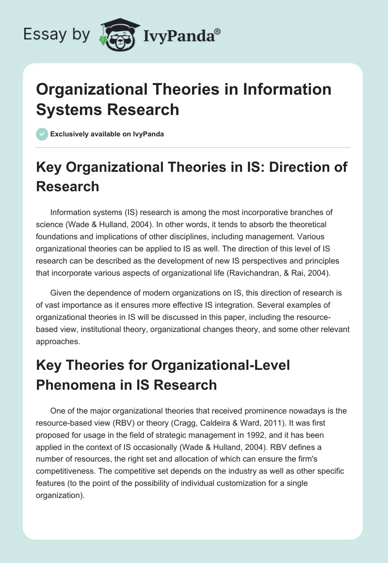 Organizational Theories in Information Systems Research. Page 1