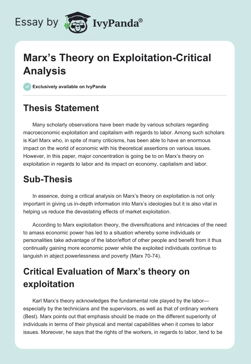 Marx’s Theory on Exploitation-Critical Analysis. Page 1
