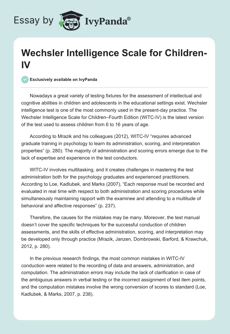 Wechsler Intelligence Scale for Children-IV. Page 1