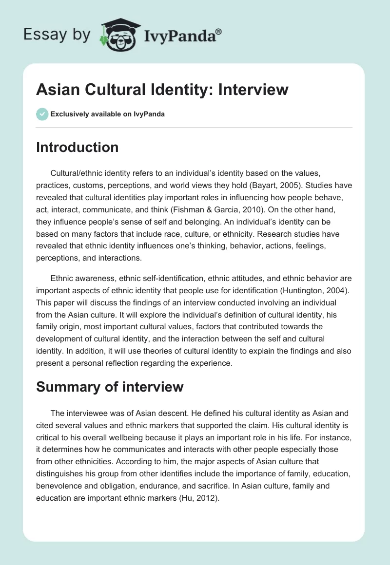 Asian Cultural Identity: Interview. Page 1