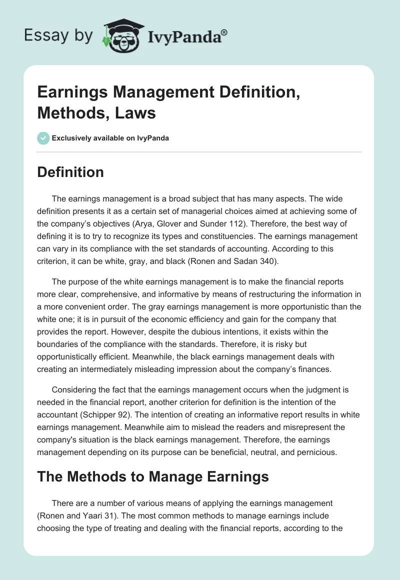 Earnings Management Definition, Methods, Laws. Page 1