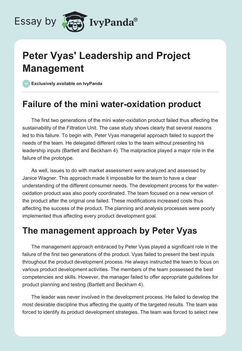 Peter Vyas' Leadership and Project Management. Page 1