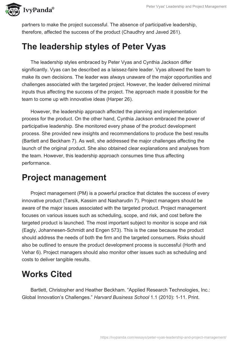 Peter Vyas' Leadership and Project Management. Page 2