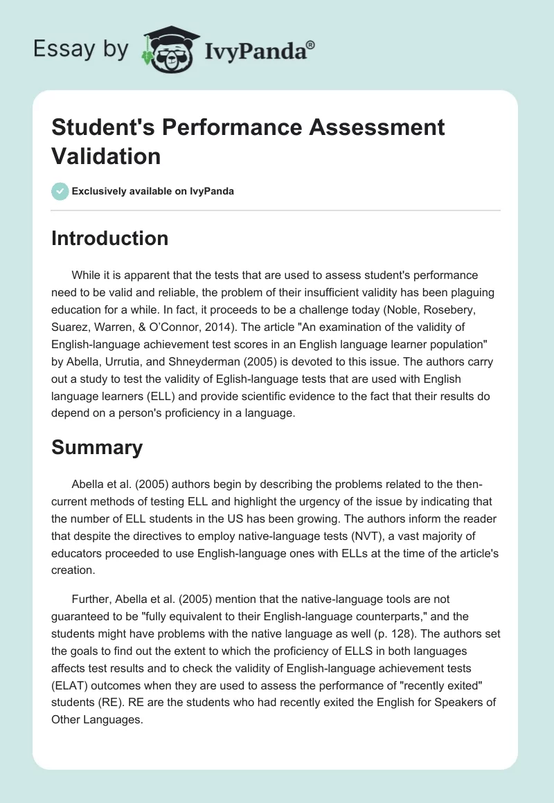 Student's Performance Assessment Validation. Page 1