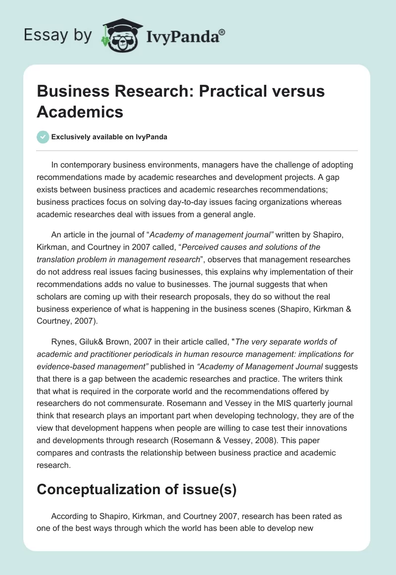 Business Research: Practical versus Academics. Page 1