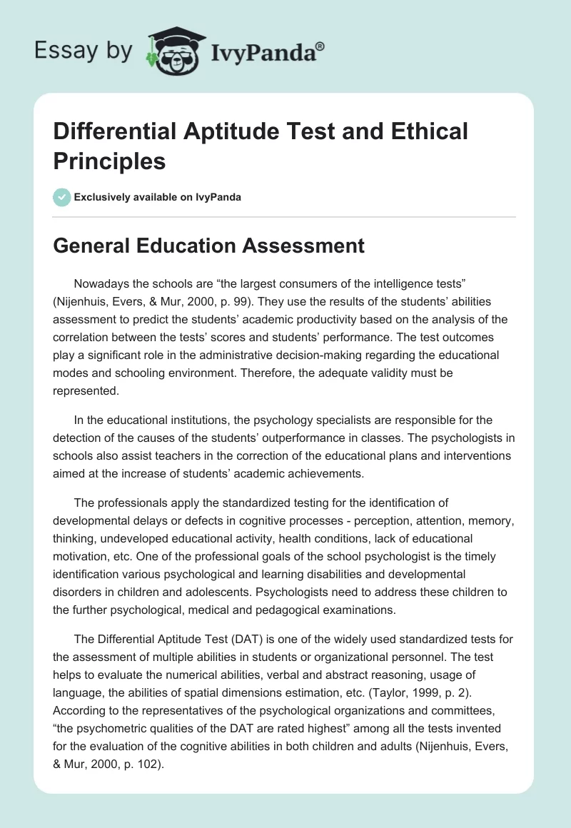 Differential Aptitude Test and Ethical Principles. Page 1