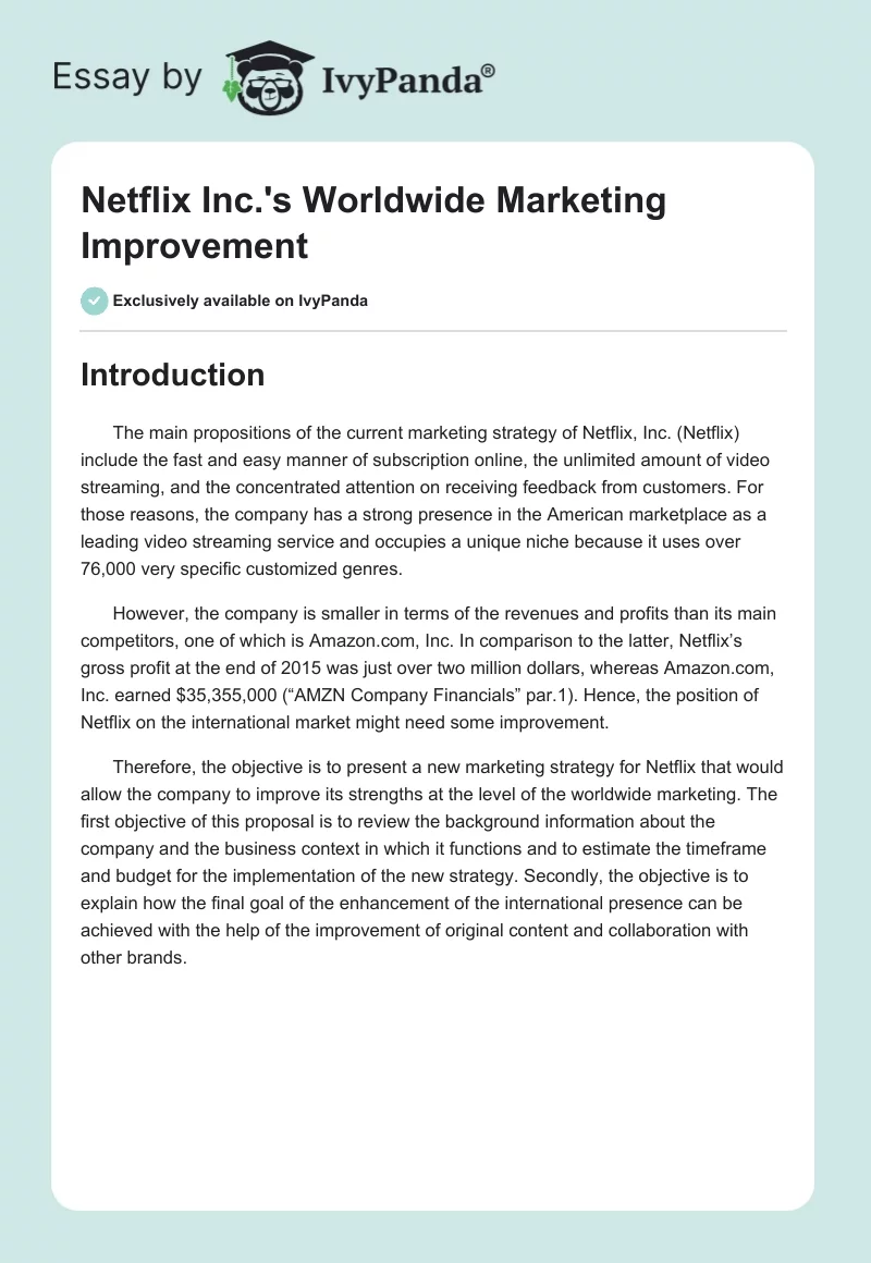 Netflix Inc.'s Worldwide Marketing Improvement. Page 1