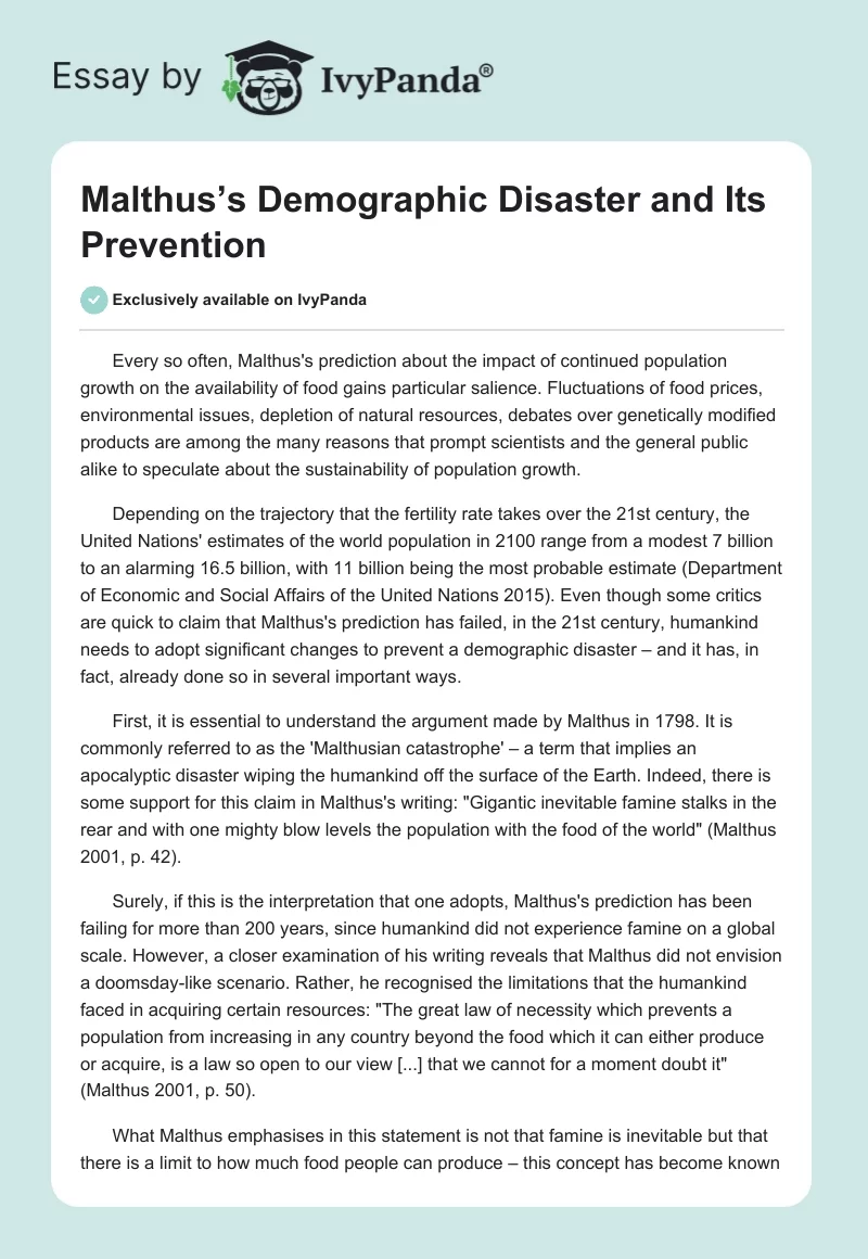 Malthus’s Demographic Disaster and Its Prevention. Page 1