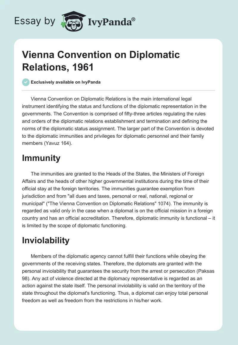 Vienna Convention on Diplomatic Relations, 1961. Page 1