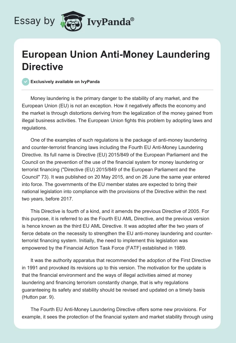 European Union Anti-Money Laundering Directive. Page 1