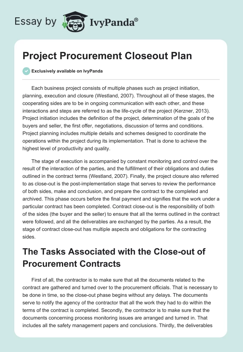 Project Procurement Closeout Plan. Page 1