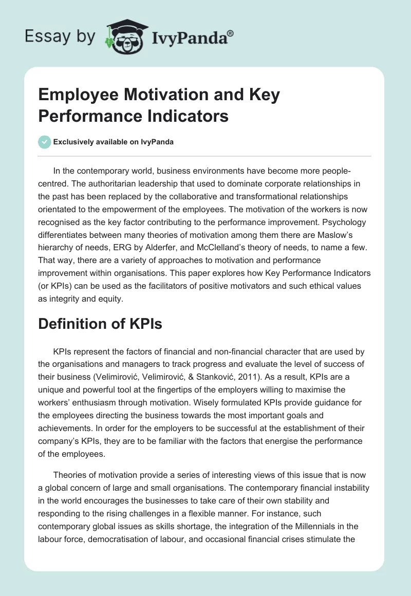 Employee Motivation and Key Performance Indicators. Page 1