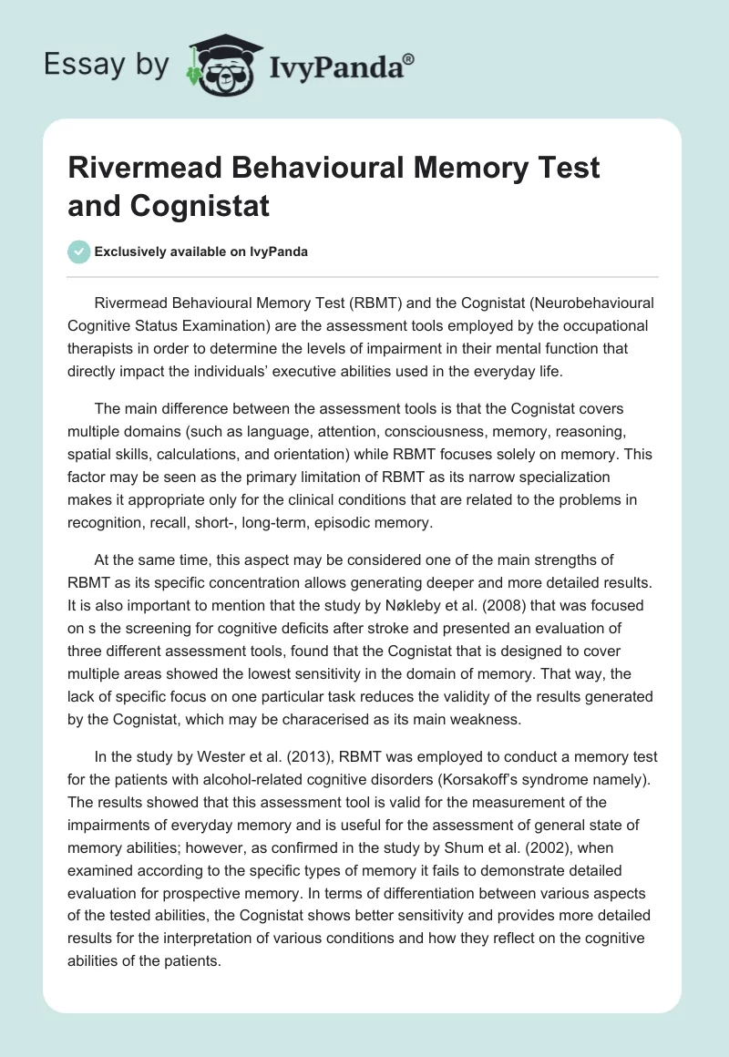 Rivermead Behavioural Memory Test and Cognistat. Page 1