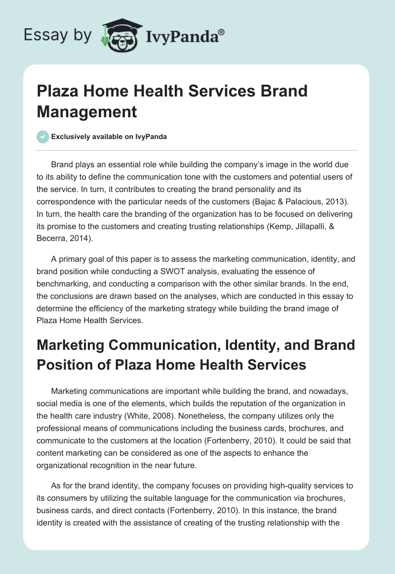 Plaza Home Health Services Brand Management. Page 1