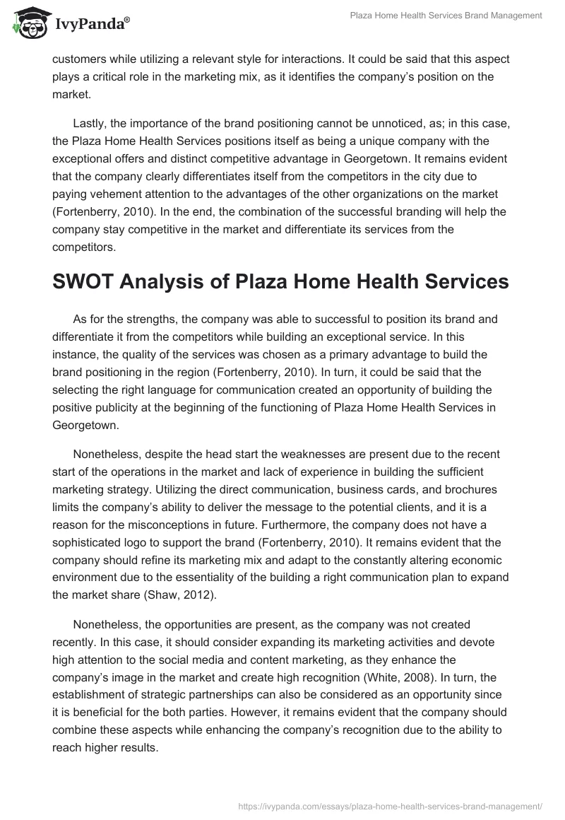 Plaza Home Health Services Brand Management. Page 2