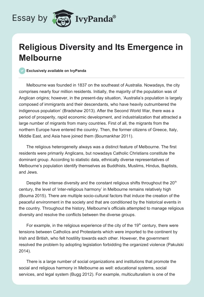 Religious Diversity and Its Emergence in Melbourne. Page 1