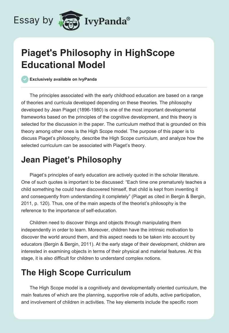 Piaget's Philosophy in HighScope Educational Model. Page 1