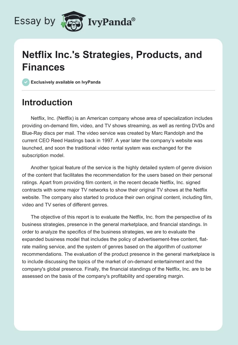 Netflix Inc.'s Strategies, Products, and Finances. Page 1