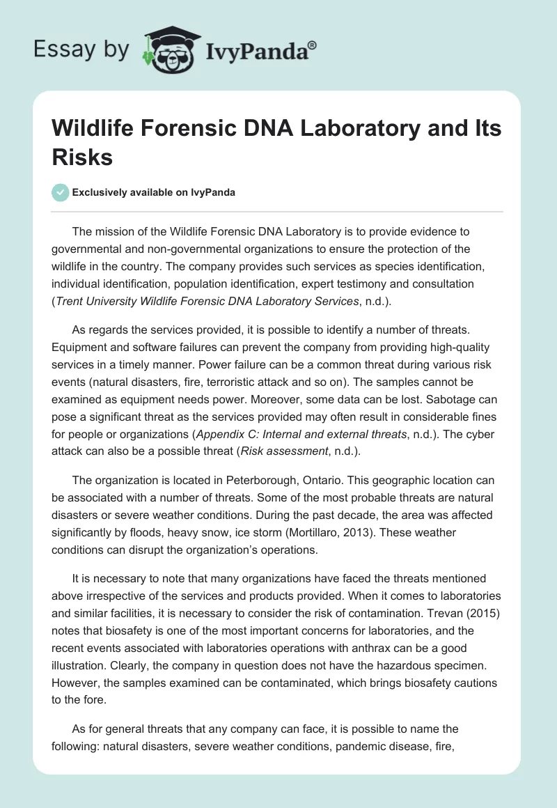 Wildlife Forensic DNA Laboratory and Its Risks. Page 1