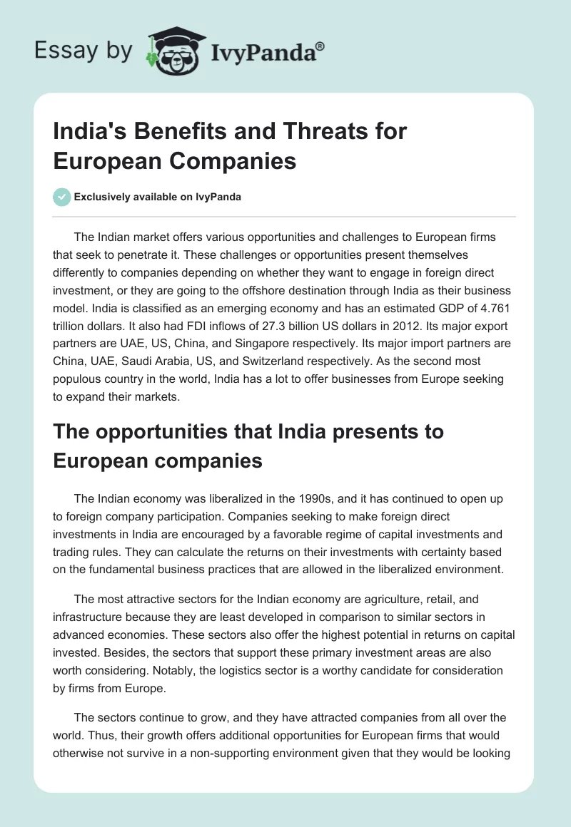 India's Benefits and Threats for European Companies. Page 1