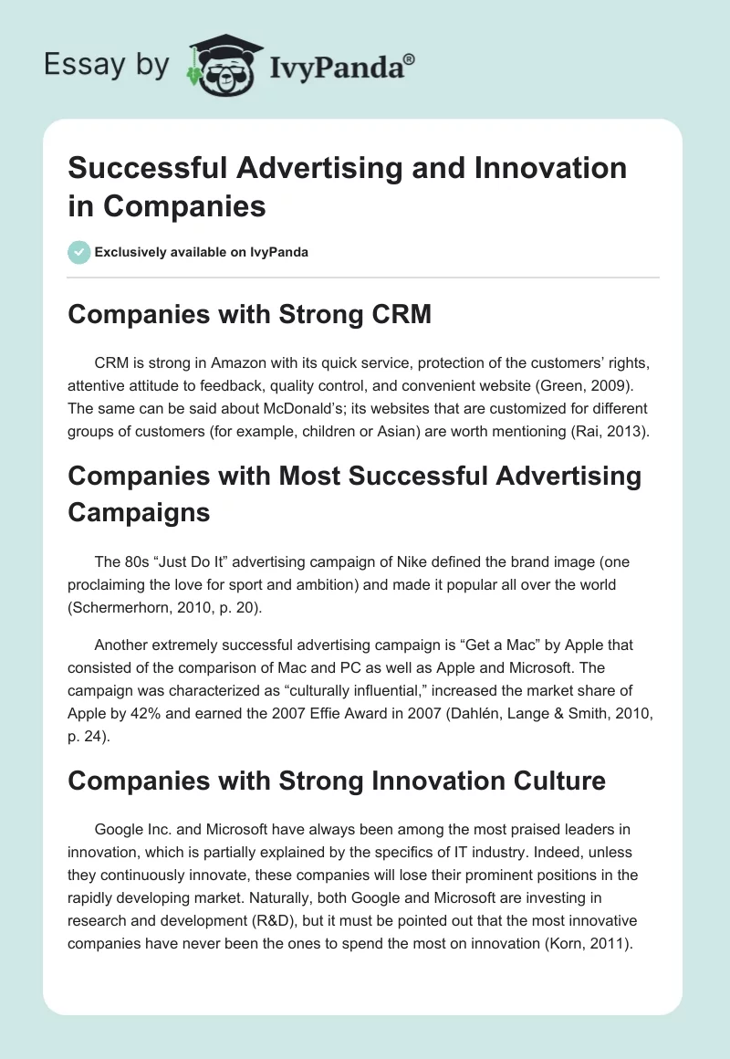 Successful Advertising and Innovation in Companies. Page 1