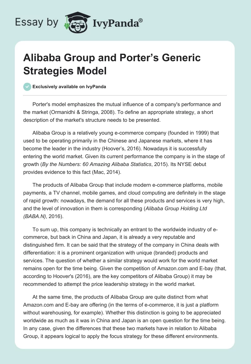 Alibaba Group and Porter’s Generic Strategies Model. Page 1