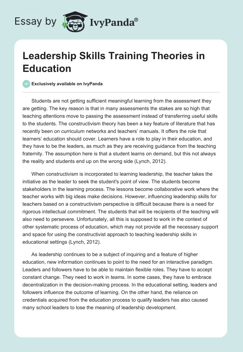 Leadership Skills Training Theories in Education. Page 1