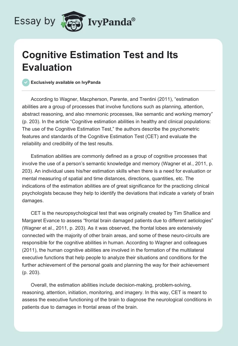 Cognitive Estimation Test and Its Evaluation. Page 1