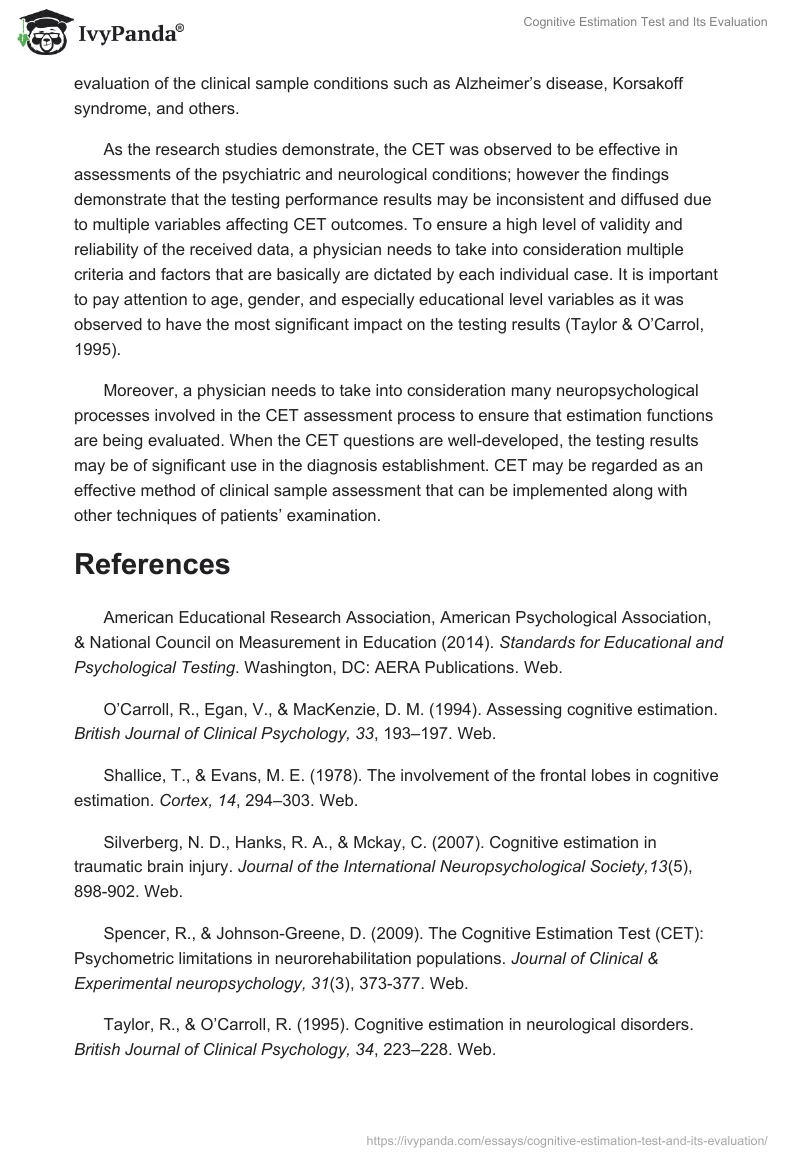 Cognitive Estimation Test and Its Evaluation. Page 4