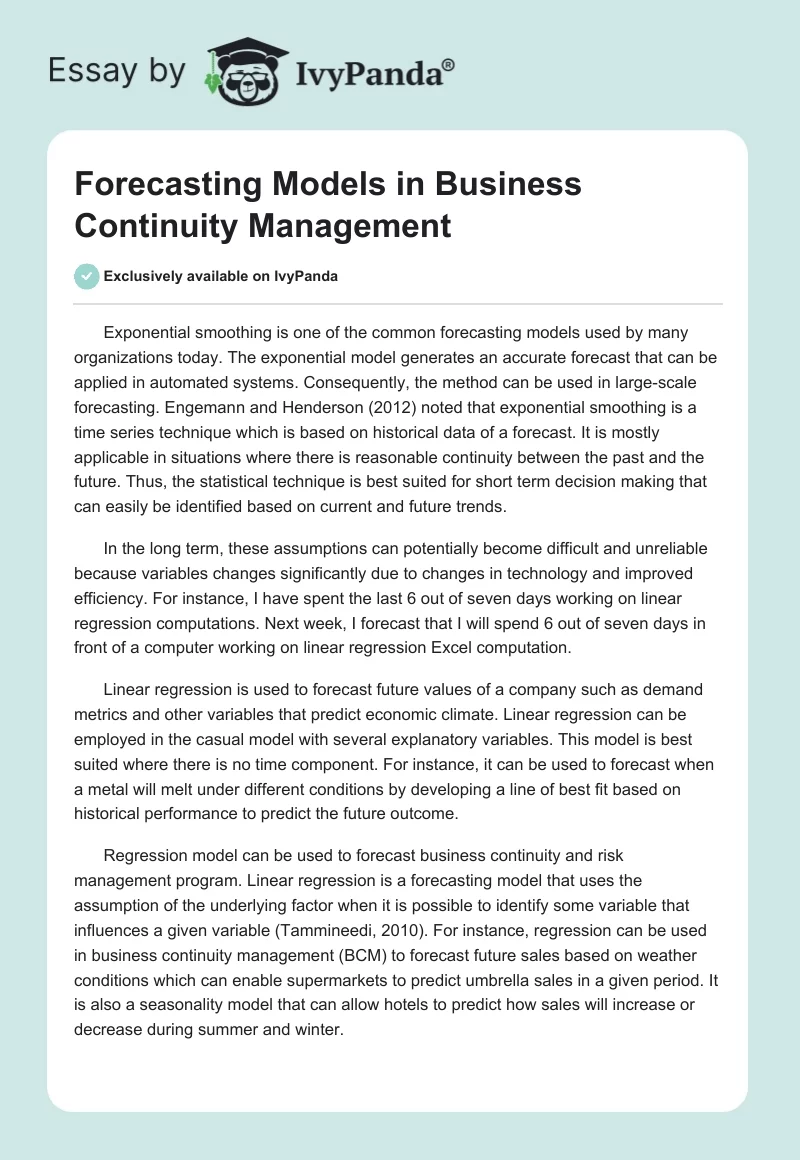 Forecasting Models in Business Continuity Management. Page 1
